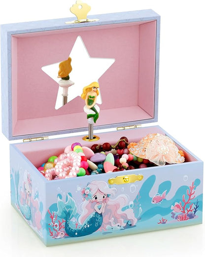 RR ROUND RICH DESIGN Kids Musical Jewelry Box for Girls Include Pretty Jewelry Set with Cute Mermaid Theme - Beautiful Dream Tune Blue
