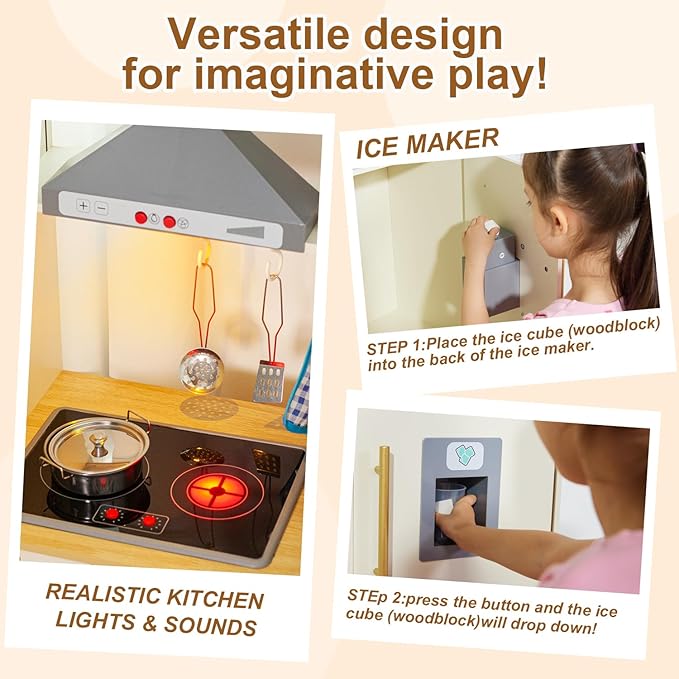 Corner Play Kitchen for Kids Kitchen Playset with Toy Storage System, Wooden Toy Kitchen Set with Plenty of Play Features, Toddler Kitchen Set for Boys and Girls Ages 3+ (White)