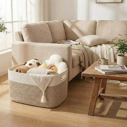 JMvicyroam Woven Blanket Basket,65L Large Storage Bin for Blankets Toys Clothes,Decorative Rope Basket for Living Room Bedroom with Handles, White&Oatmeal