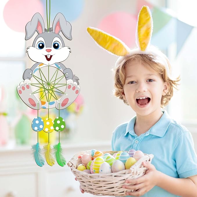 Fennoral 5 Pack Bunny Dream Catcher Craft Kit for Kids Paint You Own Easter Rabbit Dream Catcher Ornament DIY Coloring Wooden Easter Art and Craft for Art Activity Project Easter Decoration