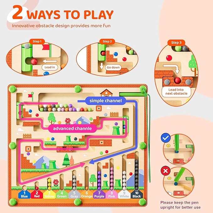 zhiwuzhu Magnetic Color and Number Maze for Montessori Toys,Wooden Matching Learning Counting Board for Toddler Ages 2-4,Toddler Fine Motor Skills Toys for Boys Girls