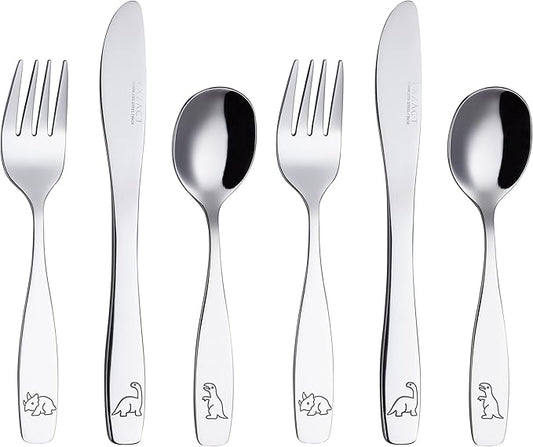 Exzact Kids Flatware 6 Pieces Stainless Steel Children Silverware 2 x Forks, 2 x Knives, 2 x Spoons,Toddler Utensils, Dishwasher Safe, 24 Months+ (Dinosaurs Engraved)