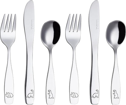 Exzact Kids Flatware 6 Pieces Stainless Steel Children Silverware 2 x Forks, 2 x Knives, 2 x Spoons,Toddler Utensils, Dishwasher Safe, 24 Months+ (Dinosaurs Engraved)
