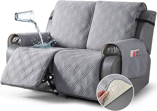 TAOCOCO 100% Waterproof Loveseat Recliner Cover with Anti Slip Backing, Split Loveseat Covers for Reclining Loveseat with Elastic Straps Furniture Protector for Kids Pets(2 Seater, Light Grey)