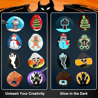 JULEASEL Rock Painting Kit, Glow in The Dark Rock Craft Paint Kits, Arts and Crafts for Kids Ages 6-12, Holiday DIY Crafts for Girls & Boys with Mess-Free Paint Pens Markers