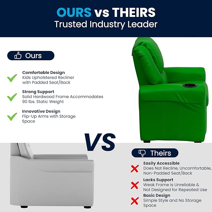 Flash Furniture Vana Vinyl Kids Recliner with Cup Holder, Headrest, and Safety Recline, Contemporary Reclining Chair for Kids, Supports up to 90 lbs., Green