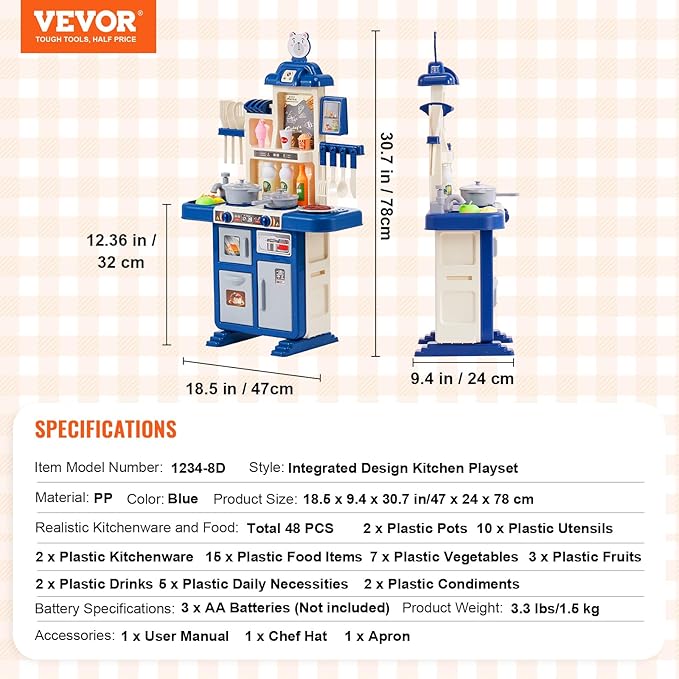 VEVOR Kids Kitchen Playset 48PCS, Pretend Play Kitchen with Cooking Stove with Steam, Sounds and Lights, Play Sink and Play Food, Toy Kitchen Set for Toddlers (Blue) Size 18.5" x 9.4" x 30.7"