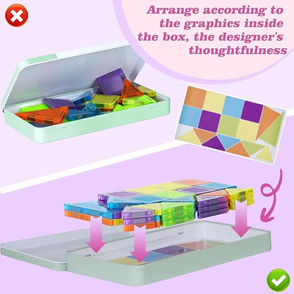 Mini Magnetic Tiles- 50PCS Travel Magnet Tiles with Iron Box, Portable Magnetic Block for Kids Ages 3+, STEM Sensory Creativity Travel Toys, Gifts for Children's Day Kids with Autism Boys & Girls