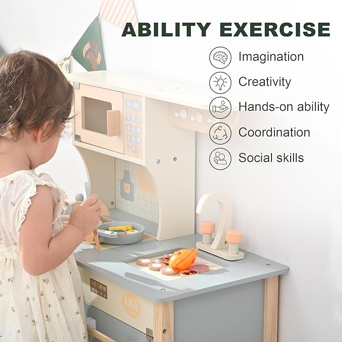 Play Kitchen for Toddlers, Kids Kitchen Playset Toy Kitchen Set, Toddler Kitchen Playset Wooden with with Faucet, Oven, Cookware Accessories