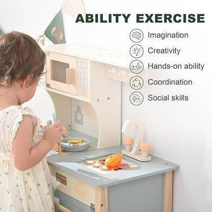 Play Kitchen for Toddlers, Kids Kitchen Playset Toy Kitchen Set, Toddler Kitchen Playset Wooden with with Faucet, Oven, Cookware Accessories
