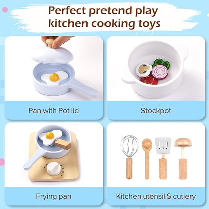 Wood Kids Play Kitchen Accessories Set, Pretend Play Cooking Toys Set, Kitchen Toys Playset for Toddlers, Toy Pots and Pans for Kids Kitchen with Fake Play Food Cookware, Girls Boys Gift