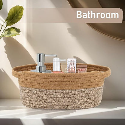 JMvicyroam Woven Basket,Small Rope Storage Bin with Handles & Ribbon Bag, Organizer for Shelves Closets,Gift Basket Empty for Birthday,Books,Dog Toys, Jute&Brown