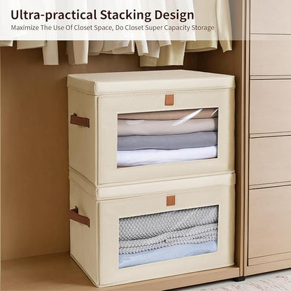 Homsorout Large Closet Storage Organizer - Clothes Storage Bins with Handles & Window, Collapsible Decorative Boxes with Lids, Fabric Containers for Living Room, Dorm, 2 Pack, Beige