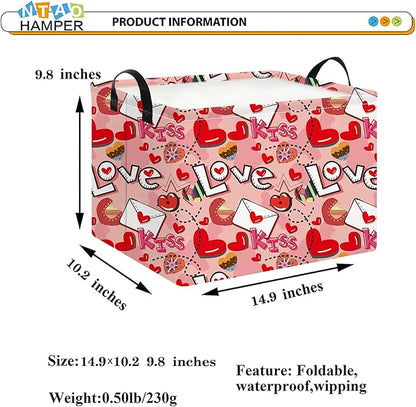 NTAOHAMPER Rectangular Heart Print Storage Basket Empty,Collapsible Gift Basket with Handles,Books Box,Room Decor(Love Letter)