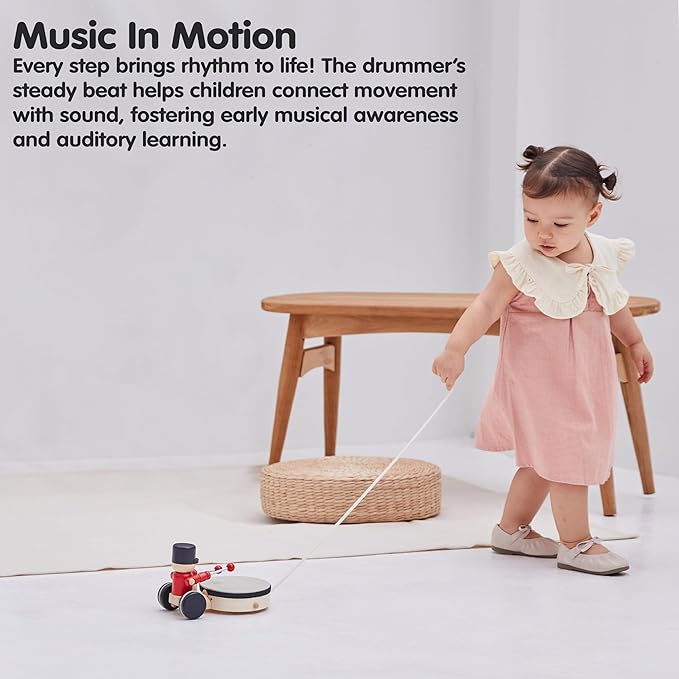 PlanToys® Wooden Pull Along Drummer | Musical Toy that Encourages Rhythm, Coordination & Focus | Montessori Eco-Friendly Educational Toy for Active & Imaginative Play