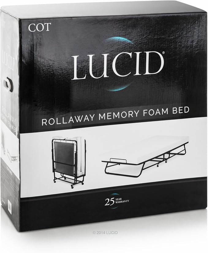 Lucid Rollaway Folding Guest Bed with 4 Inch Memory Foam Mattress- Rolling Cot- Easy Storage-Cot Size Bed