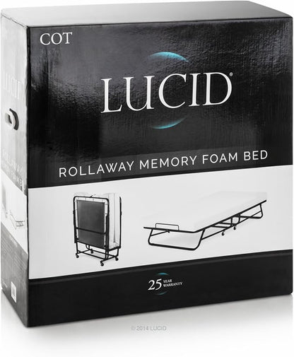 Lucid Rollaway Folding Guest Bed with 4 Inch Memory Foam Mattress- Rolling Cot- Easy Storage-Cot Size Bed