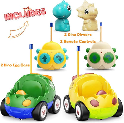 2 Pack Dinosaur Remote Control Cars for Toddlers 2 3 4 5 Years Old - Easter Birthday Gift Ideas for Boys Ages 2-5, Kids Dino Toys RC Vehicle with Lights and Music for Family Fun(Yellow Green)