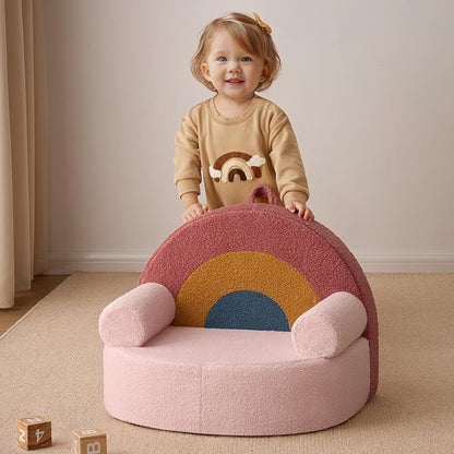 Blissful Diary Toddler Chair Comfy, Foam Kids Chair with Soft Teddy Plush, Toddler Reading Armchair with Cute Rainbow Designs- Blush Pink