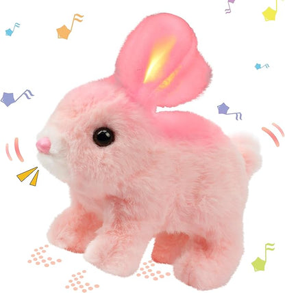 Hopearl Hopping Rabbit with LED Ears Interactive Electronic Pet Plush Bunny Toy with Sounds and Movements Animated Walking Wiggle Light up Ears Twitch Nose Gifts for Toddlers Birthday, Pink, 7''