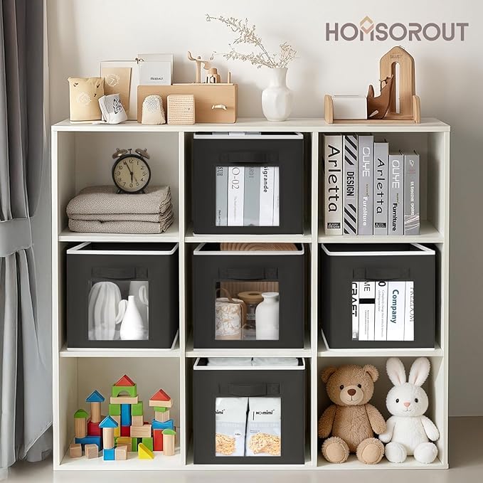 Homsorout Foldable Storage Cubes - Square Organizer with Window, Decorative Baskets for Organizing, Fabric shelf Basket for Clothes, 11 Inch Closet Storage Cubes, Set of 16, Black