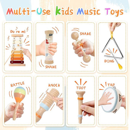 Toddler Musical Instruments Sets, Montessori Wooden Percussion Educational Baby Musical Toys Xylophone Maracas Tambourine for 2 3 4 Year Old, 18 Months Gifts for Baby Boys Girls Kids