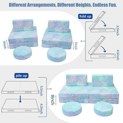 MeMoreCool Modular Glow Sofa for Kids, Colorful Star 8-Piece Convertible Foam Toddler Couch Play Set for Playroom and Children