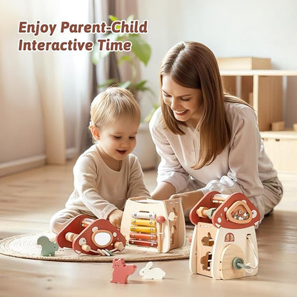 Youuys Wooden Activity Cube - 11-in-1 Montessori Toys for 1+ Year Old Boys & Girls, Multipurpose Educational Sensory Toys for Toddler, First Birthday Gift, Busy Board Toys for 18 Months (Mushroom)