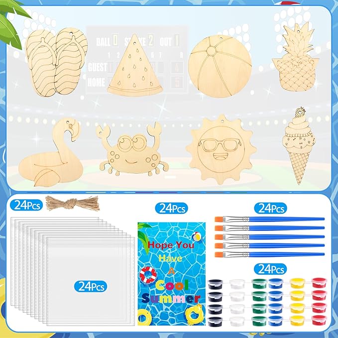 Saypacck 24 Pcs Summer Beach Party Favors Wooden Painting Craft Kits Birthday Party Supplies with Organza Bag for Goodie Bags Fillers Adult Thank You Gifts