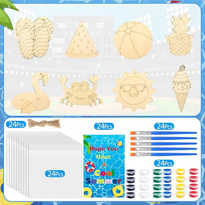 Saypacck 24 Pcs Summer Beach Party Favors Wooden Painting Craft Kits Birthday Party Supplies with Organza Bag for Goodie Bags Fillers Adult Thank You Gifts