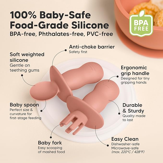KeaBabies 4-Pack Silicone Baby Spoons and Forks Set - Baby Spoon Self Feeding, BLW Baby Utensils 6-12 Months,Baby Led Weaning Feeding Spoon,Teething Infant Baby First Food Training Pre Spoon (Roseate)