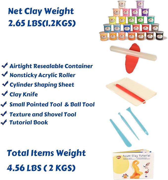 BOHS Air Dry Clay for Kids, 24 Colors Foam Modeling Clay Kit with Sculpting Tools & Tutorial (2.65 lb) - Arts and Crafts DIY Gifts for Girls & Boys Ages 4-12