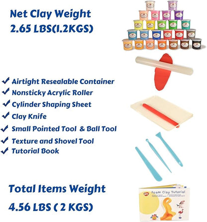 BOHS Air Dry Clay for Kids, 24 Colors Foam Modeling Clay Kit with Sculpting Tools & Tutorial (2.65 lb) - Arts and Crafts DIY Gifts for Girls & Boys Ages 4-12