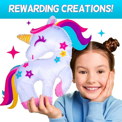 CRAFTSBEE Beginner Sewing Kit for Girls Ages 7+ - 5 DIY Unicorn Felt Stuffed Animals and Plus Pillow Craft, Educational Learn to Sew Unicorn Kit