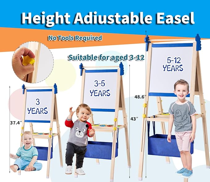 2-in-1 Double Sided Kid's Easel, Height-Adjustable Art Easel for Boys and Girls Ages 3-10, Including 100+ Accessories with Magnetic Chalkboard & Painting Board, Toddler Gifts