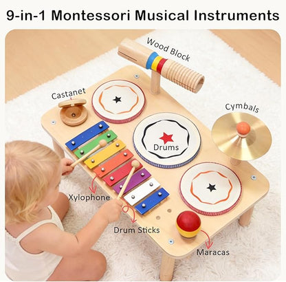 WINYGZ 9-in-1 Baby Drum Set, Low Noise Montessori Musical Instruments for Toddlers 1-3, Safe & Durable Wooden Music Toys for Quiet Sensory Play at Home, Great Birthday for Boys Girls