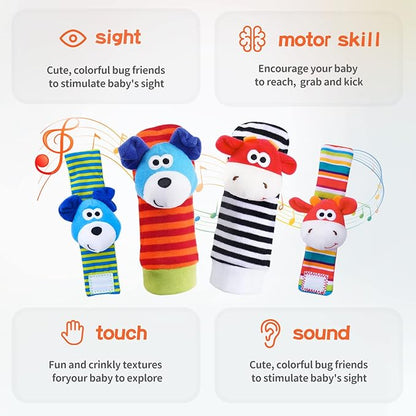 Koty Baby Wrist Rattles Foot Finder Toys Set, Toddler Rattle Sock, Arm Hand Bracelet, Feet Leg Ankle Socks, Gift for Newborn Infant Babies Boy Girl Bebe(Dog & Cow)