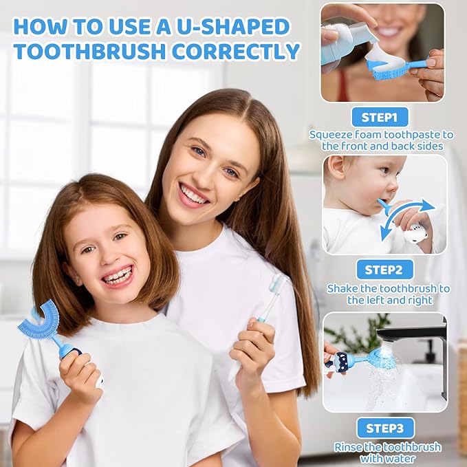 Toddler U-Shaped Toothbrush for 2-6 Years, Training Toothbrush, Kids Toothbrush, Food Grade Soft Silicone Brush Head, 360° Oral Teeth Cleaning Design for Kids, U-Shape Toothbrush for Kids (Blue)