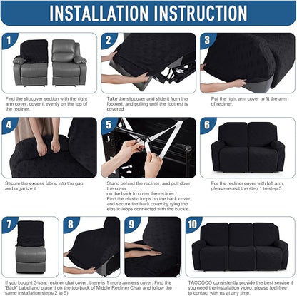 TAOCOCO Recliner Sofa Covers Stretch Reclining Couch Cover, Jacquard Recliner Couch Cover for 3 Seat Furniture Protector Sofa Slipcovers with Elastic Bottom for Kids, Pets (Black)