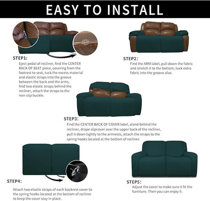 Easy-Going 6 Pieces Microfiber Stretch Sectional Recliner Sofa Slipcover Soft Fitted Fleece 2 Seats Couch Cover Washable Furniture Protector with Elasticity for Kids(Recliner Loveseat, Deep Teal)