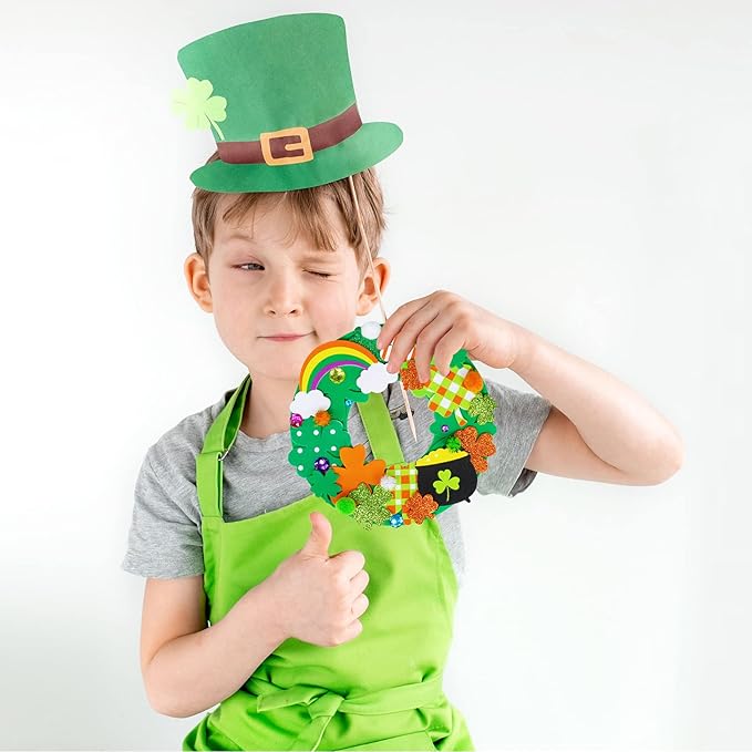 12 Sets St. Patrick's Day Shamrock Wreath Sign Decorations Foam St. Patrick's Day Craft Kits Lucky Shamrock Four-Leaf Clover Rainbow Foam Stickers for Kids Party Favors Classroom Activity Art Project