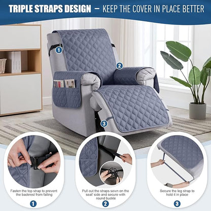 TAOCOCO 100% Waterproof Recliner Covers, Recliner Sofa Covers with Leg Straps, Reversible Recliner Couch Cover for Reclining Chair, Washable Couch Protector for Pets Kids(1 Seater 28", Bluish Gray)