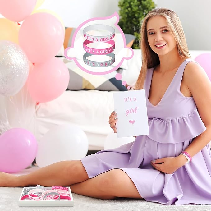 Zomiboo 36 Pieces Baby Shower Rubber Bracelets, It's a Girl Wristbands Elephant Baby Shower Decorations for Boy Girl Baby Shower Party Favor Gender Reveal Party Supplies(Girl Style)