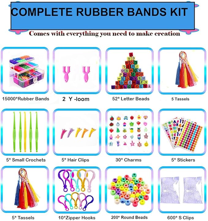 YITOHOP 15000+ Rubber Loom Bands, Mega Rubber Bands Bracelet Kit,Loom Bracelet Making Kit with 3 Layer Container,30 Colors,380 Beads,30 Charms,Clips, Hooks Tools for DIY Art Holiday Gift