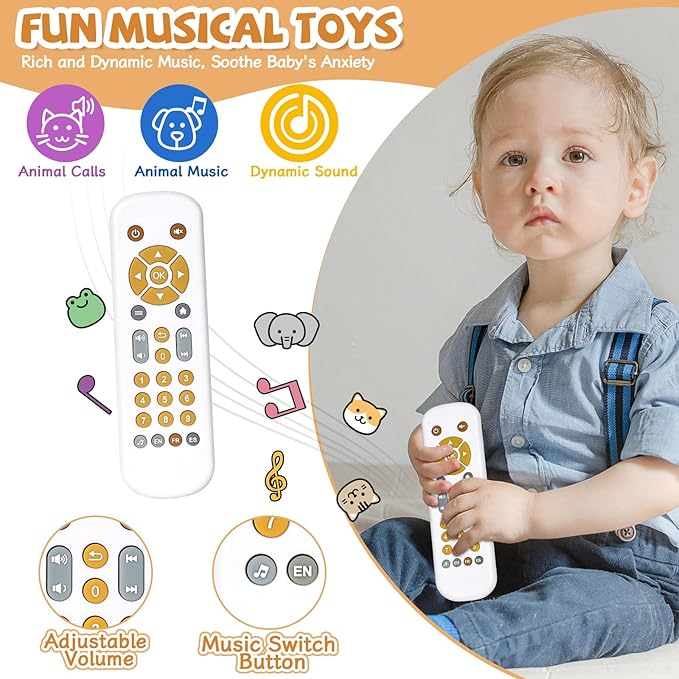 Orzbow Baby Remote Control Toy for 6 Months+ with Music, TV Remote Toy with Realistic Light and Sound - English, French and Spanish for Infant Play - BPA Free, White
