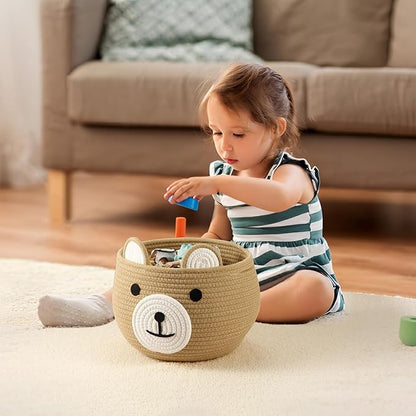 PandaEar Cotton Rope Baby Basket, Baby Gift Basket Nursery Laundry Organizer with Cute Bear Design for Storage Infant Newborn Essentials, Diaper Caddy with Handle (Brown)