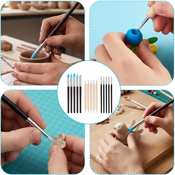 15PCS Silicone Sculpting Tools, Clay Sculpting Tools, Silicone Clay Tool, Modeling Dotting Tool Set with Wooden Handle Ball Stylus for Clays Sculpture, Carving and Shaping