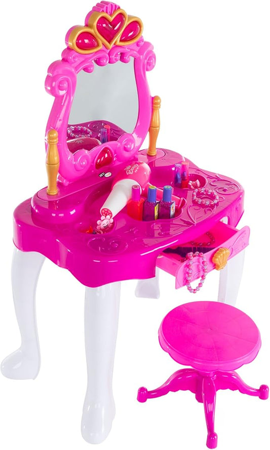 HEY! PLAY! Princess Pretend Play Kid Vanity with Stool – Functional Mirror with Lights and Sounds – Includes Fun Fashion and Makeup Accessories (Pink)