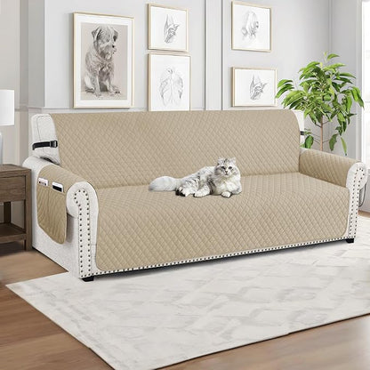 XINEAGE Oversized Sofa Cover Waterproof Couch Covers for 3 Cushion Couch, Soft Washable Slipcover with Pockets & Non-Slip Elastic Straps, Dog Pets Proof Thick Furniture Protector (XL-Sofa, Khaki)