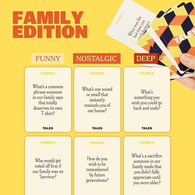 TALES Family Edition 150 Conversation Cards for Family Game Night, Adults, Teens, and Kids, Family Dinners, and Gatherings, Prompts for Meaningful Connections